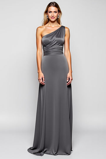 Sheath Steel Grey One Shoulder Long Satin Bridesmaid Dress